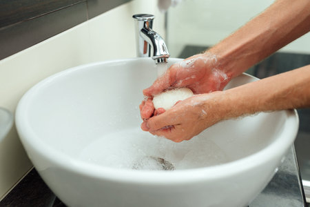 man cleans and soaps his arms in the bathroomの写真素材