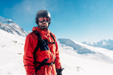 Serious snowboarder is standing in the red suit on the snow powder hill and looking into the...