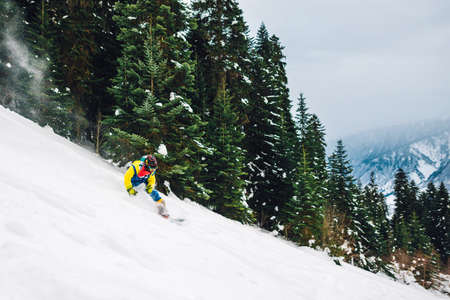 snowboarder with special equipment is riding very fast in the mountain forestの写真素材