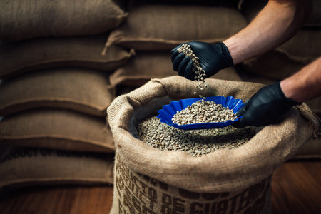 side view of hand pouring coffee from a burlap bag into a bowl for tasting, against the background...
