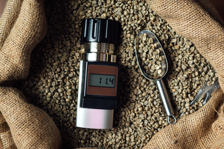 working device for measuring the humidity of coffee beans in a bag with a metal scoop, top viewの写真素材
