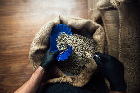 top first-person view of steel scoop pouring coffee from a burlap bag into a bowl for tasting,...