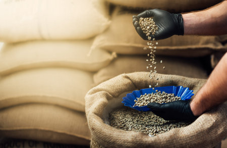 side view of hand pouring coffee from a burlap bag into a bowl for tasting, against the background...