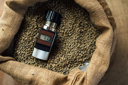 working device for measuring the humidity of coffee beans in a bag with a metal scoop, top viewの写真素材