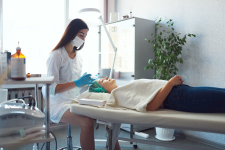 Young girl lies on a cosmetology table, salon worker injects cosmetic fillers into the face.