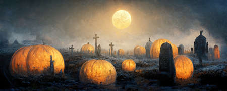 halloween background template. pumpkins on spooky cemetery at fullmoon nightの写真素材