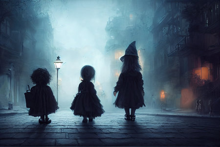 Children trick-or-treating in costume cruise the streets of the suburbs.の写真素材