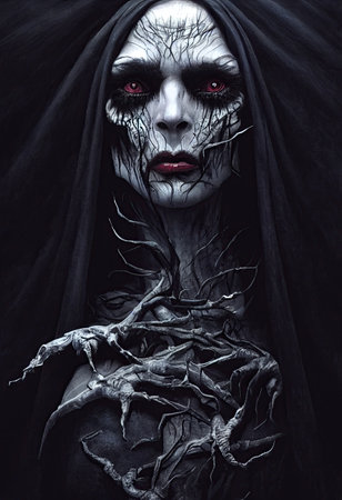 Creepy hooded priestess with black streaks on her face, digital illustrationの写真素材
