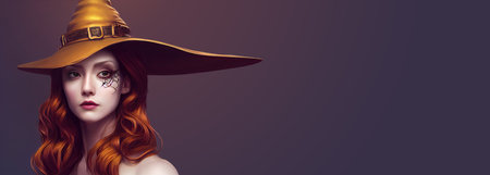 Illustration for Halloween of a lovely red-haired witch wearing a bonnet with long curls.の写真素材