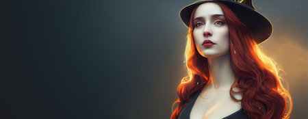 Halloween Illustration of a beautiful red-haired witch in a hat with long curls.の写真素材