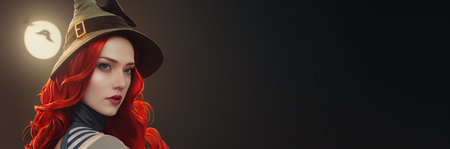 A gorgeous witch with red hair and a tall, curly bonnet is depicted in a Halloween illustration.の写真素材