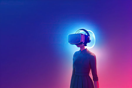 Portrait of young cyber girl in a dress wears glowing science fiction virtual reality glasses on...