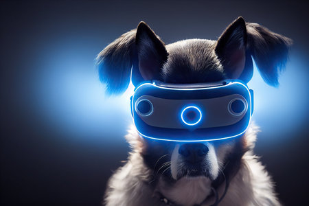 Metaverse tiny cute dog in virtual reality glasses with glowing eyes on neon space backgroundの写真素材