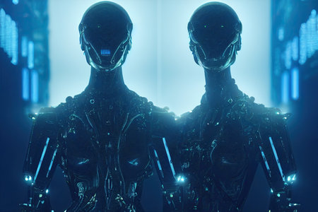 Portrait of two cyberpunk robots in front of night skyscrapersの写真素材