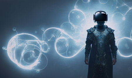 Portrait of cyber wizard in armor wears science fiction virtual reality glasses on blue glowing neon...