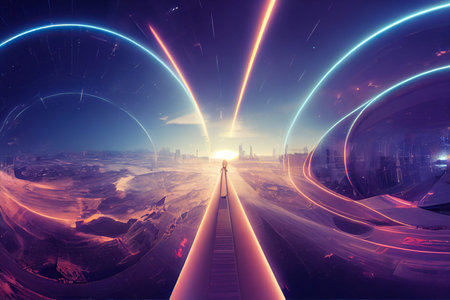 Metaverse sunrise in space. Virtual reality. Neon blue lights