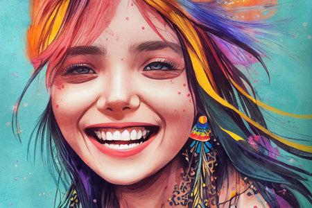 Beautiful girl grinning in a painted picture with colorful paint splatters in the background.の写真素材