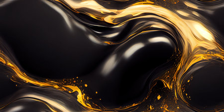 Black liquid and molten gold flowing together in a smooth textureの写真素材