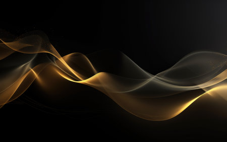 Black and Gold Wavy Fluid Background with Abstract Smoke Wavesの写真素材