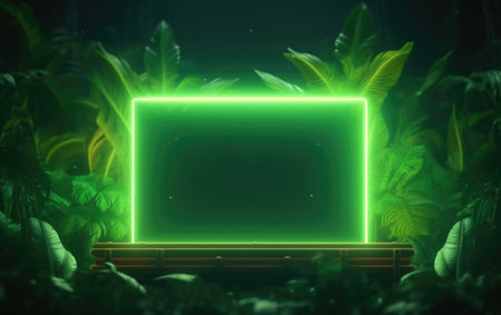 Glowing Neon Rectangular Frame in Tropical Greeneryの写真素材