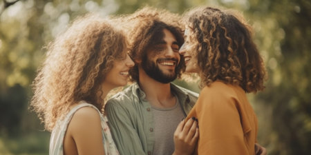 Polyamorous Relationship of Three People in a Parkの素材