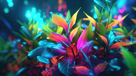 Colorful Neon Light Tropical Jungle Plants in Enchanting Landscapeの写真素材