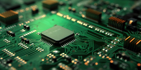 Macro Shot of a Green Electronic Circuit Board with Microprocessorの写真素材