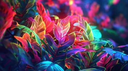 Colorful Neon Light Tropical Jungle Plants - Enchanting and Surrealの写真素材
