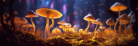 Neon Dreamlike Macro Photo of Psilocybin Magic Mushrooms in a Forestの写真素材