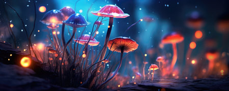 Neon Dreamlike Magic Mushrooms in a Fantasy Forestの写真素材