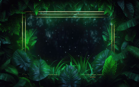 Glowing Neon Rectangular Frame in the Jungle with Green Leavesの写真素材