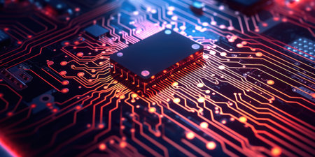 Macro Shot of a Microprocessor Circuit Board with Flashing Lightsの写真素材
