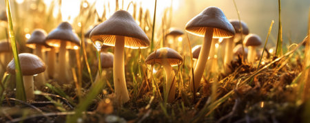 Psilocybe Cubensis Golden Ticher Mushrooms in Grass at Sunriseの写真素材