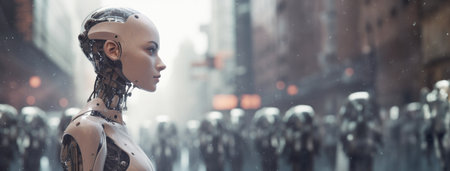 Cyborg Ethics: A Futuristic Image of Robotic Women and Menの素材