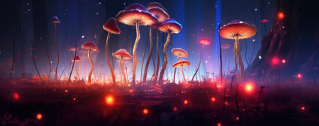 Neon Dreamlike Macro Photo of Psilocybin Magic Mushrooms in a Dark Forest