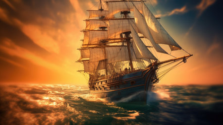 Beautiful Old-Time Sailing Ship - Split Toning and Motion Blur Panoramaの写真素材