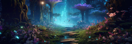 Colorful Neon Light Tropical Jungle Plants in Dreamlike Forestの写真素材