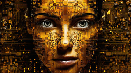 Cyborg Ethics: Surreal Robotic Woman with Electronic Circuitry Faceの素材