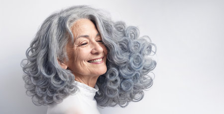 Happy Senior Woman with Ombre Hairstyle and Beautiful Blue Curlsの素材