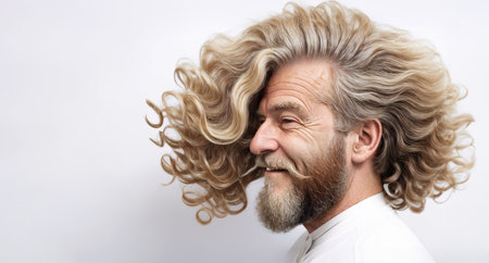 Happy Old Man with Colorful Curly Hair in Barbershopの素材