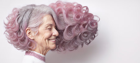 Happy Old Woman with Ombre Hairstyle and Grandma Smilingの素材