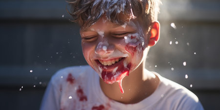 Kid with a delightful smeared face with jam.の素材