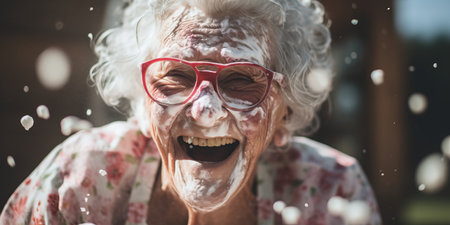 A delighted person with a face covered in cream.の素材