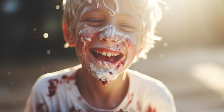 Child with a delicious face full of cake and icing.の素材
