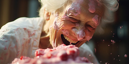 Close-up of a joyful face indulging in pink cream.の素材