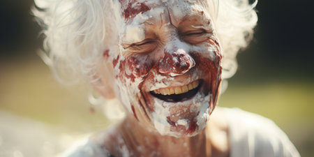 Close-up of person with delicious face, laughing.の素材
