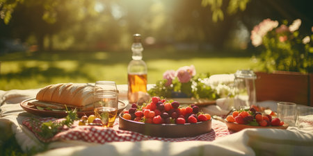 Delicious picnic spread with sun flare in nature.の素材