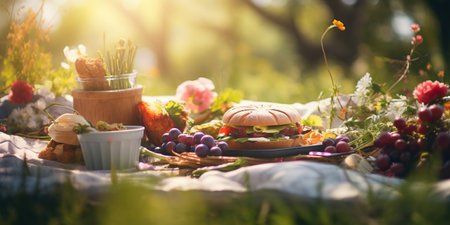 Delicious spread for a picnic with warm sun flare.の素材