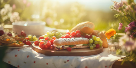 Delicious picnic spread with sun flare on transparent background.の素材