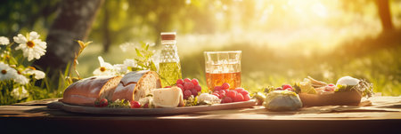 Delicious food spread on picnic, sun flare shining.の素材